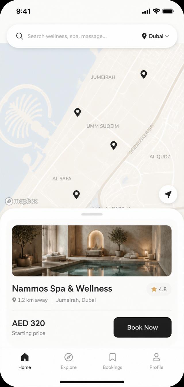 Welnue app showing map of Dubai with premium gyms and spas